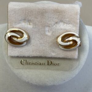 Christian Dior Vintage White Enamel Interlocking Oval Clip-On Earrings- Preowned